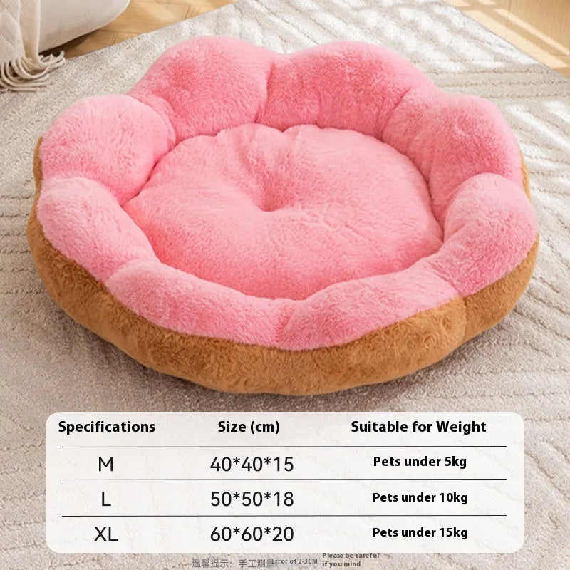A round plush cat bed with a detachable cover, shown in a brown grey colour.