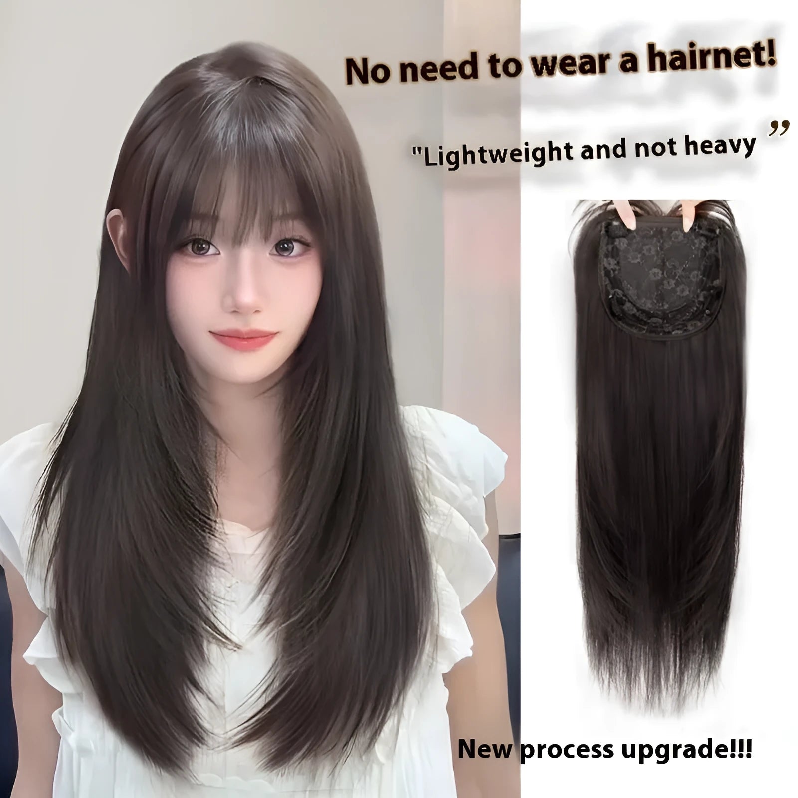 Black long straight layered synthetic hair wig with wear-free full-head hair net construction