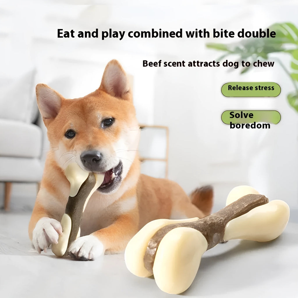 Eating and Playing Series bone-shaped dog chew toy in two sizes, made from brown cowhide and nylon.