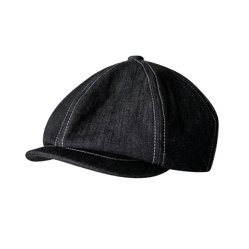 Black Japanese Denim fabric cotton beret shown in retro fashion style with three size options for men and women