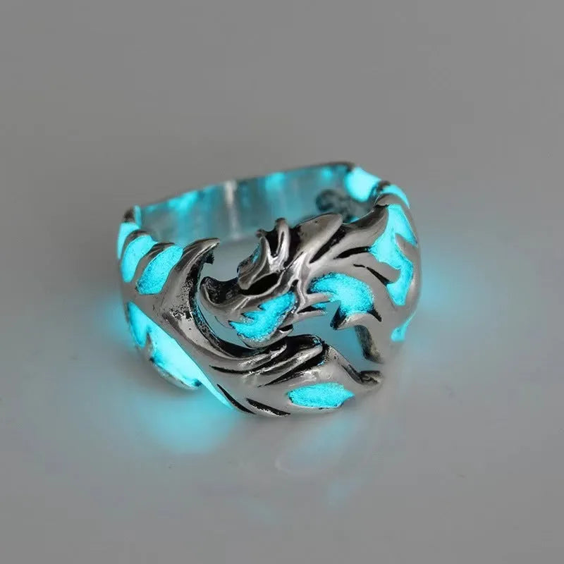 Adjustable Chinese dragon pattern ring with electroplated antique silver blue and green finish