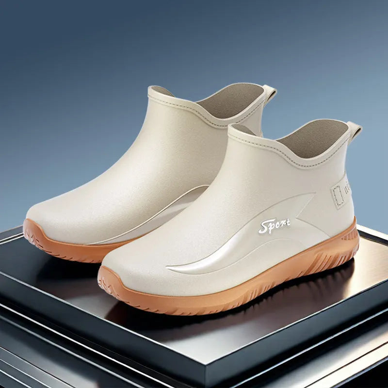 Men's short tube PVC rubber boots in beige, black, and black-red colours with non-slip sole