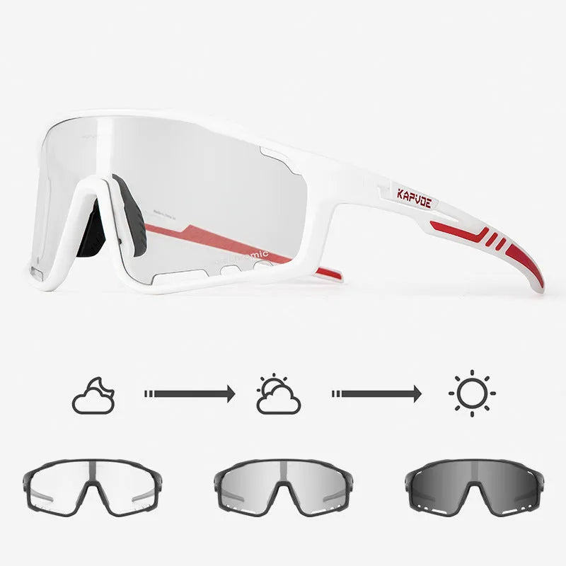 Photochromic cycling sports goggles with TR90 frame and semi-rimless design shown in multiple colour options.