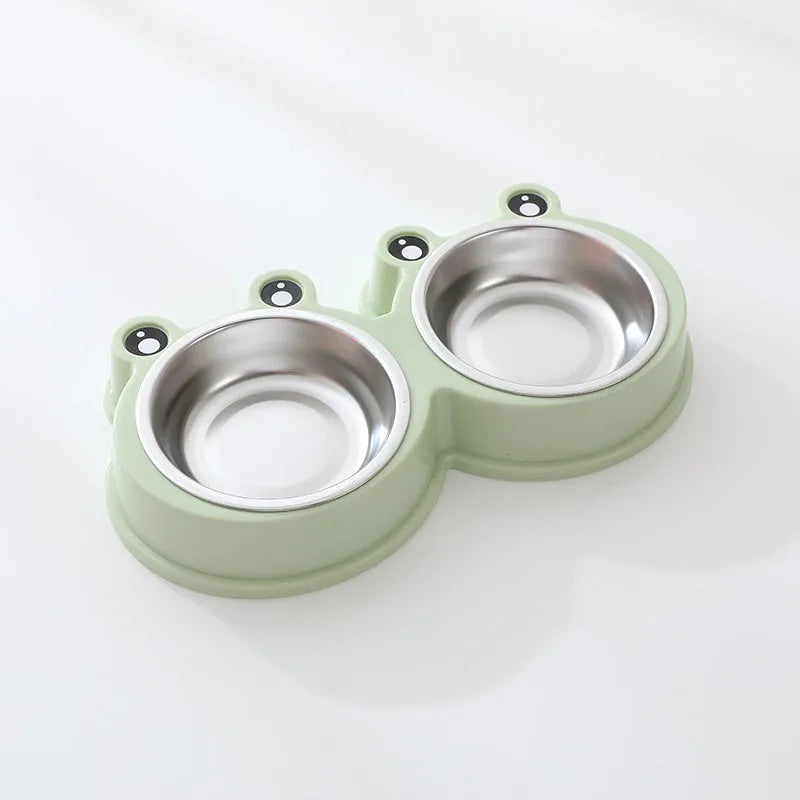Stainless steel double pet bowl set with anti-slip frog base in blue, for cat or dog food and water.