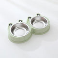 Stainless steel double pet bowl set with anti-slip frog base in blue, for cat or dog food and water.