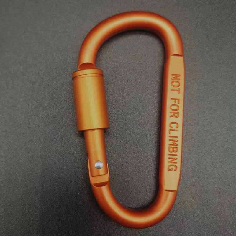 A D-type aluminium locking carabiner with an 8cm flat profile on a neutral background.