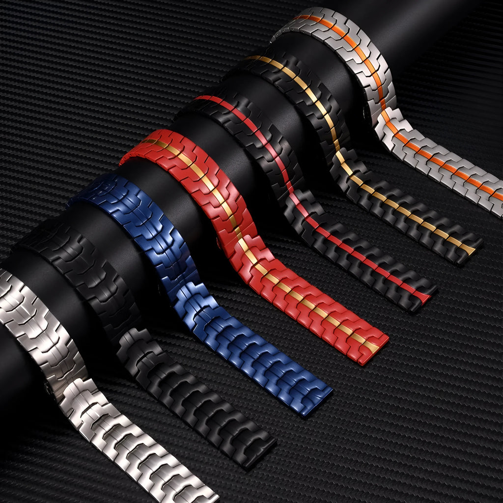 Stainless steel Samsung smartwatch replacement band in multiple metallic colours with universal 20mm and 22mm sizing