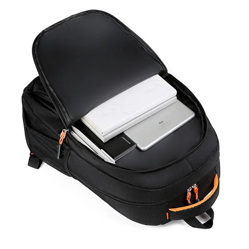 Men's solid colour nylon computer backpack with sewing thread detail, 36-55L capacity, air pillow belt