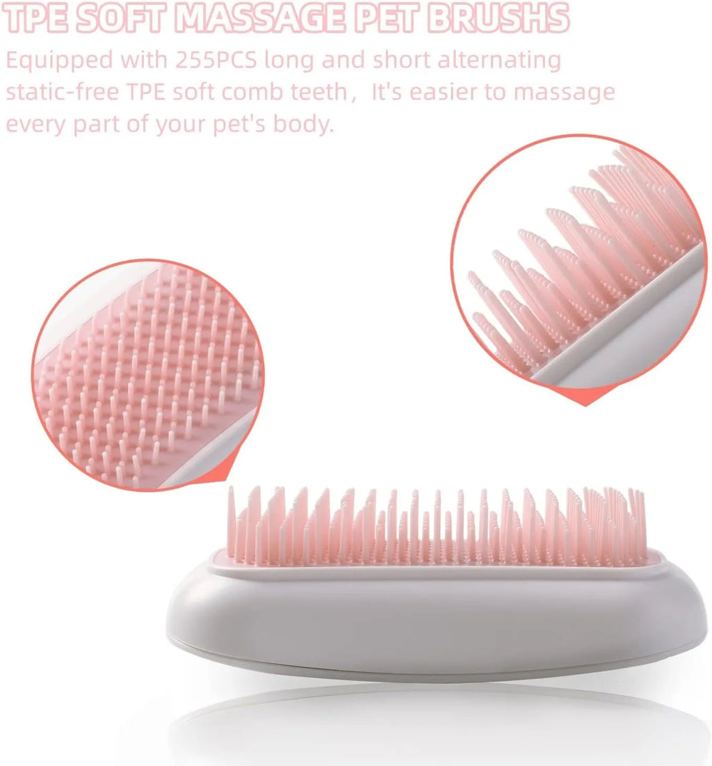 Light pink handheld electric vibration brush for grooming cats and dogs on a white background.