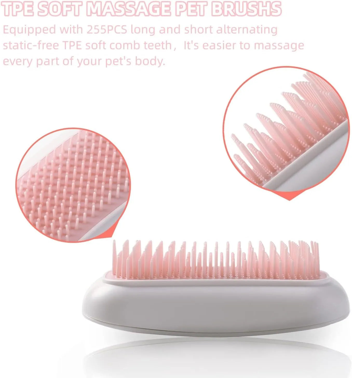 Light pink handheld electric vibration brush for grooming cats and dogs on a white background.