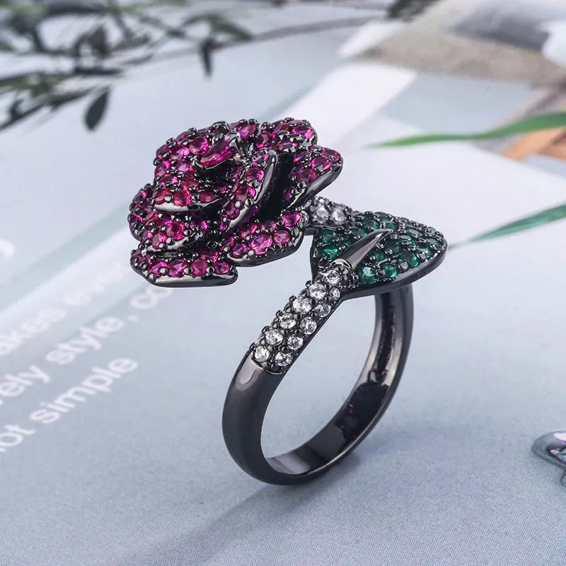 Black gold geometric women's ring with simulated red corundum stone