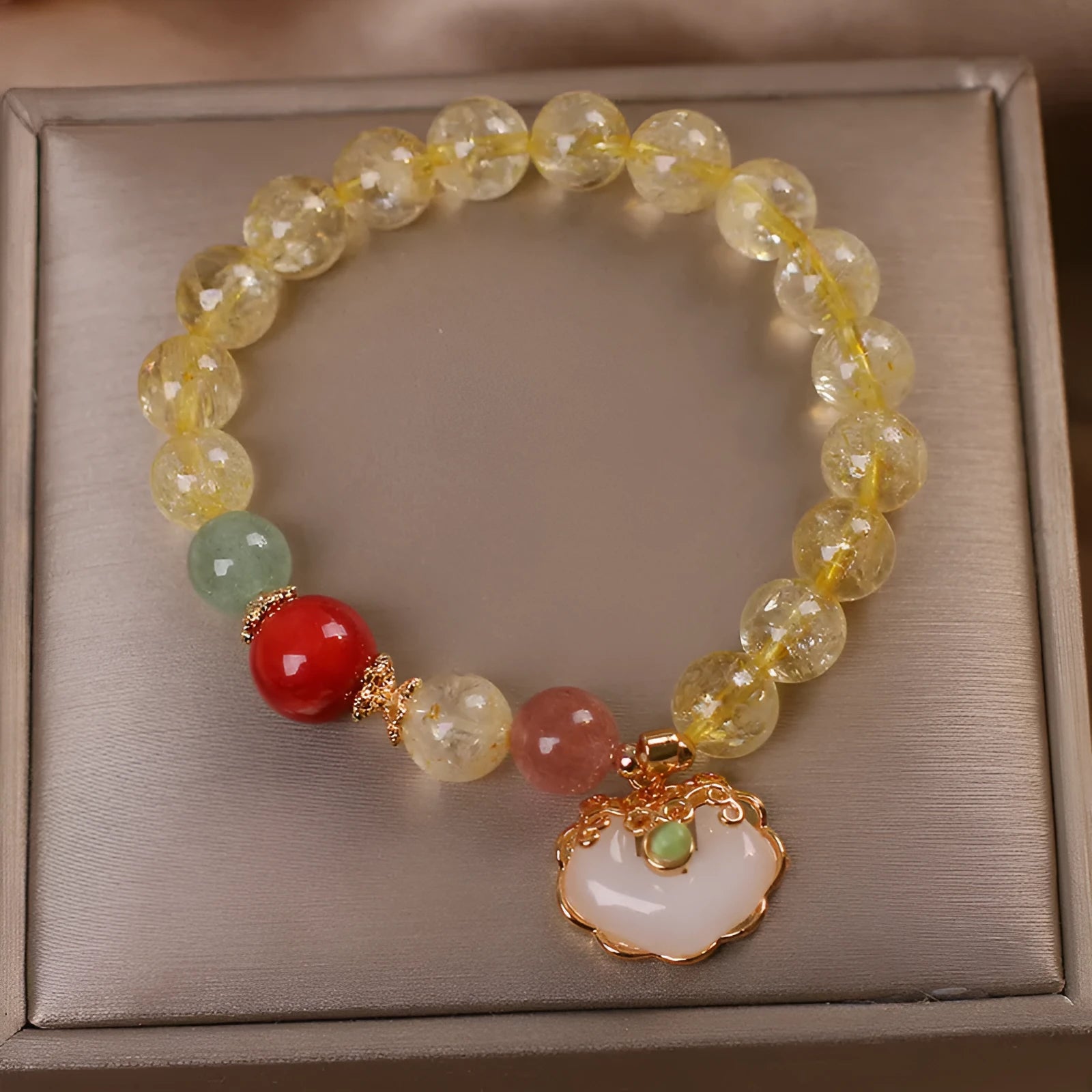 Women's natural citrine jade ruyi pendant bracelet with yellow crystal stone and adjustable alloy clasp