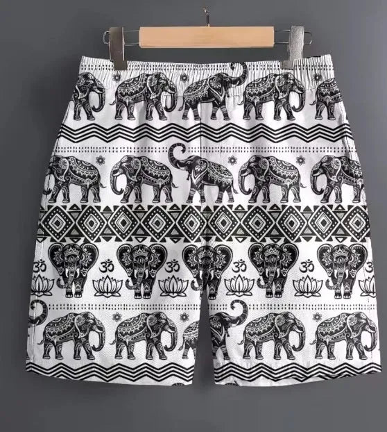 Men's casual polyester shorts in camouflage pattern, laid flat showing waistband and leg.