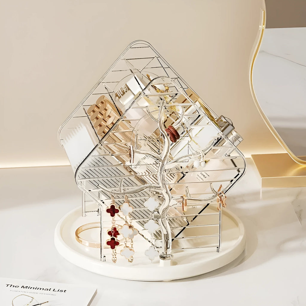 360-degree rotating cosmetics storage box in clear or amber gold plastic with light luxury style