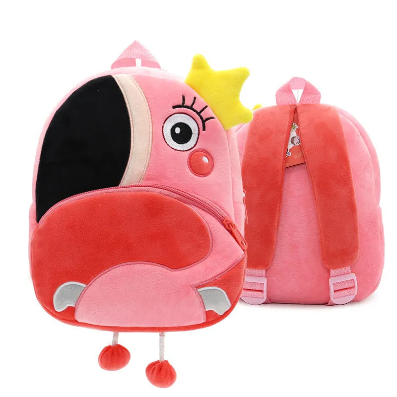 Plush children's backpack with animal design showing soft texture and zipper opening