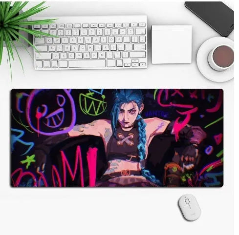 Anime-themed gaming mouse pad on a desk with non-slip rubber cloth base.