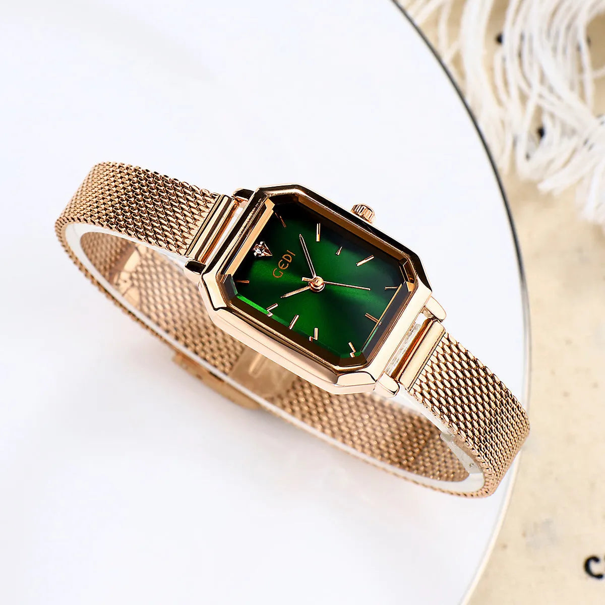 Square retro casual watch for women with rose gold case shown in multiple colour options