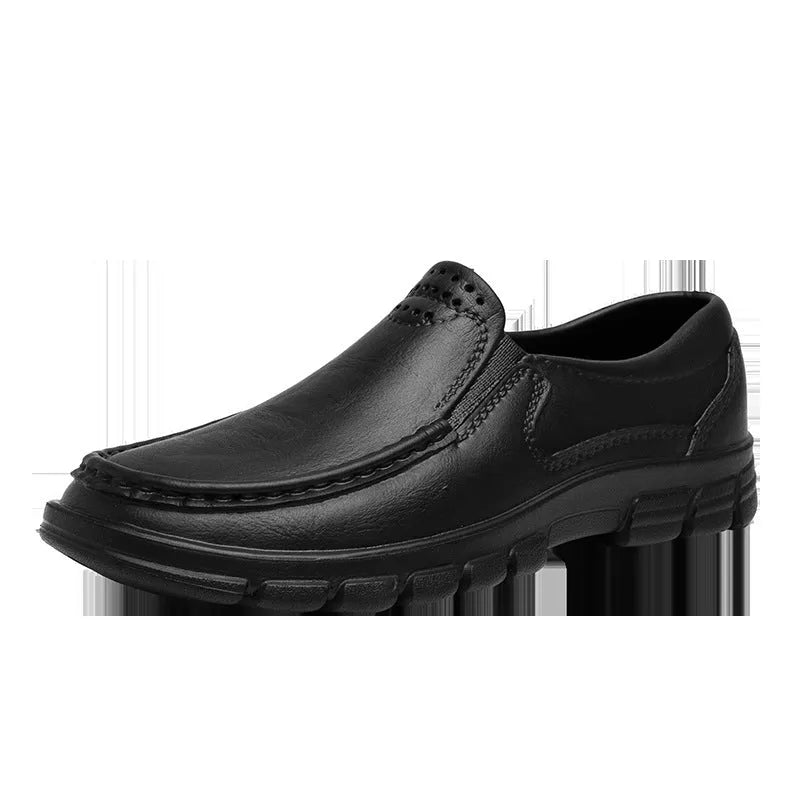 Men's black slip-on platform shoes with an artificial leather upper and a thick EVA sole.