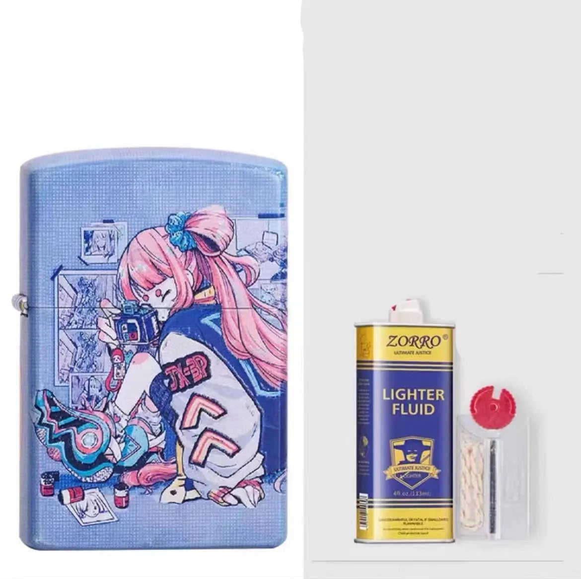 Windproof kerosene lighter with decorative copper case showing artistic design