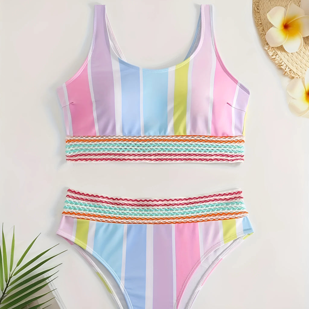 Women's striped bikini set with top and briefs for swimming and sports.