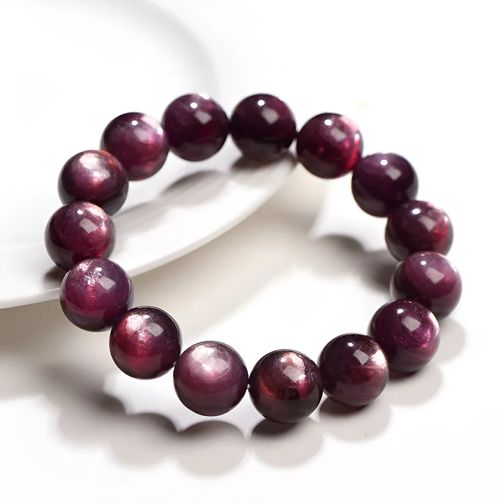 Natural purple lepidolite crystal bracelet with polished round beads in circular geometry