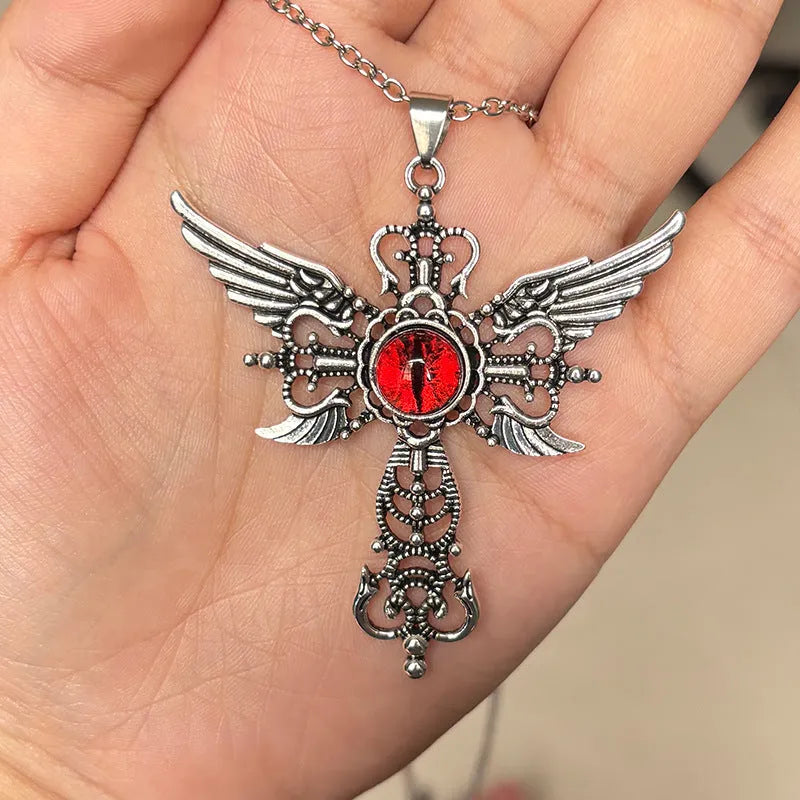 Geometric devil wings cross pendant necklace in alloy with five colour options
