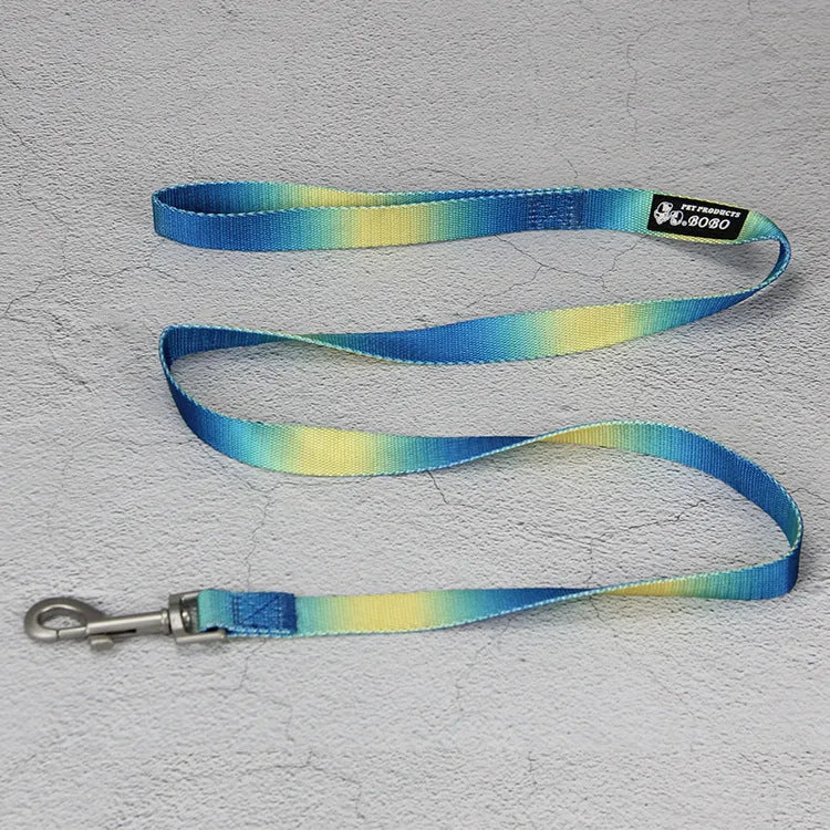 Nylon dog leash and collar set showing pink and blue gradient colour option.