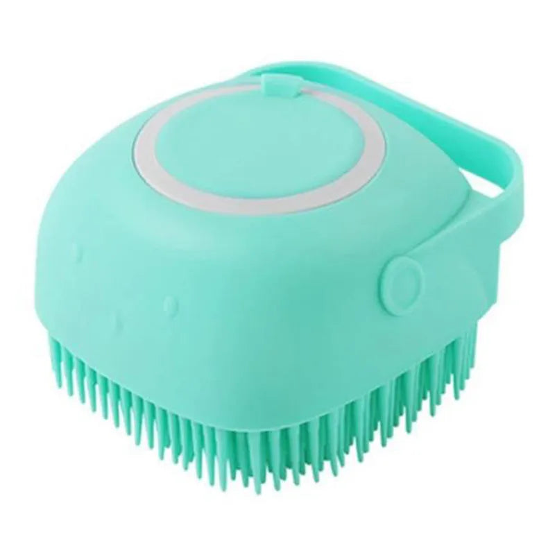 Blue silicone dog bath brush with handle for pet washing and massage during grooming