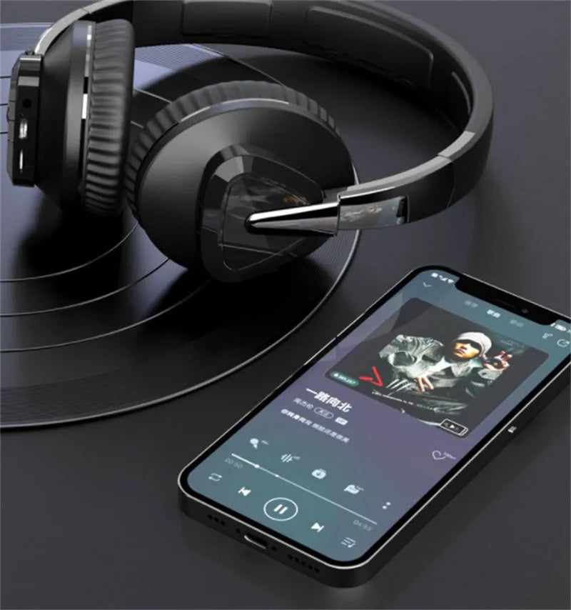 H3 wireless Bluetooth over-ear headset in black, showing earcup with controls, AUX jack, and TF card slot.