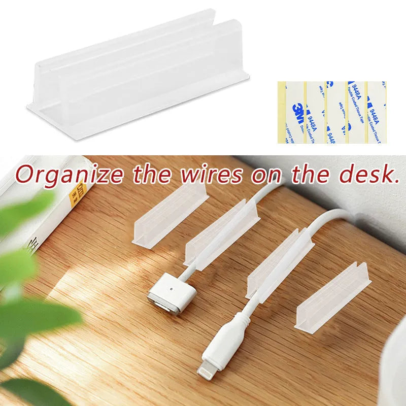 Set of sticky plastic wall-mounted brackets for punch-free bedside data cable organisation