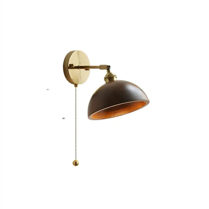 Nordic style walnut wood coloured wall-mounted bedside lamp with a fixed arm.