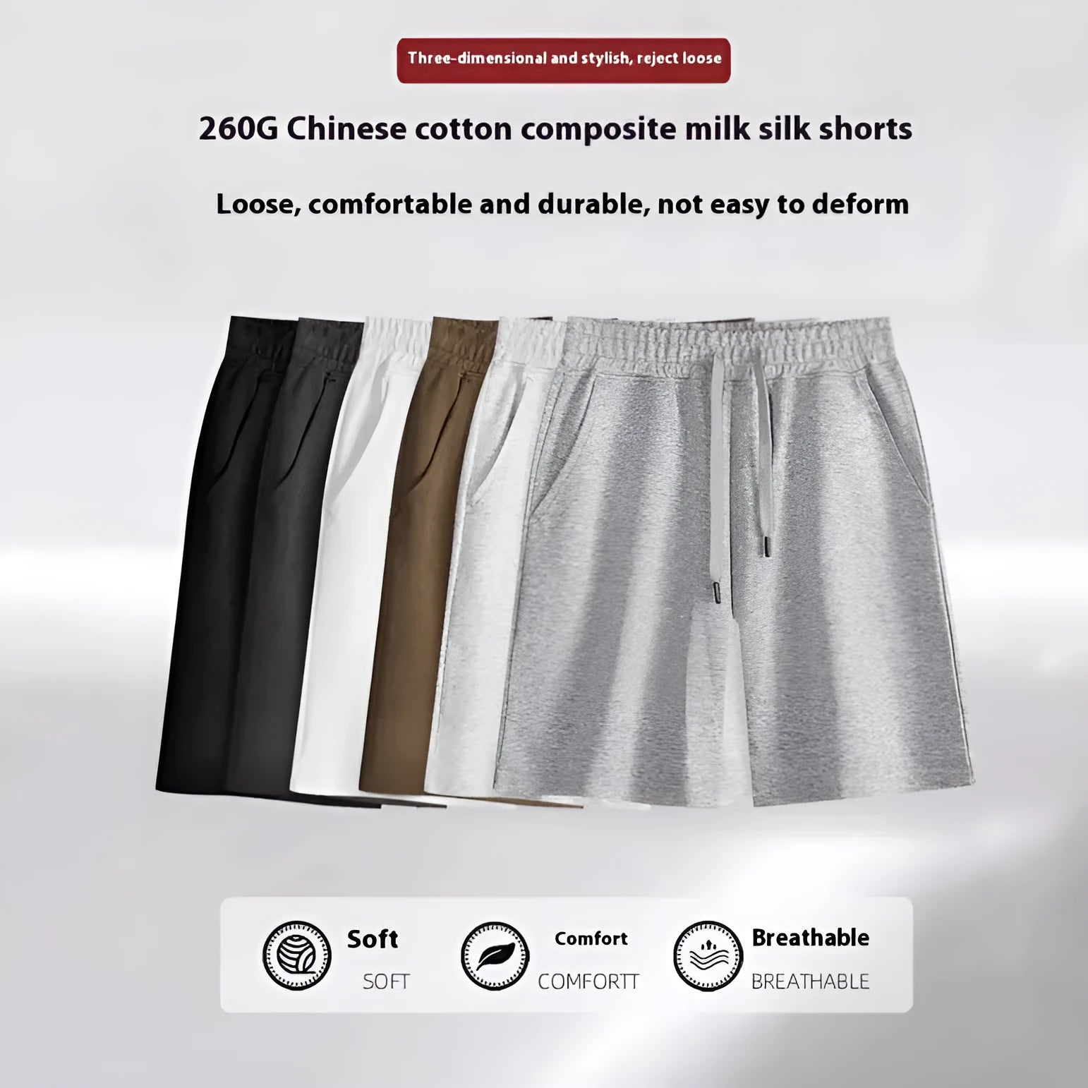 Cotton straight-leg summer shorts in light grey shown on a hanger