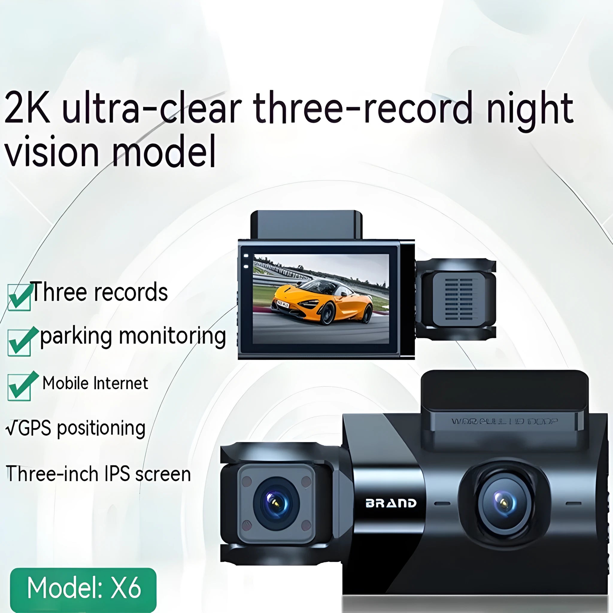 Black dashboard camera with 5-inch screen, mobile phone interconnect, and three recording format options