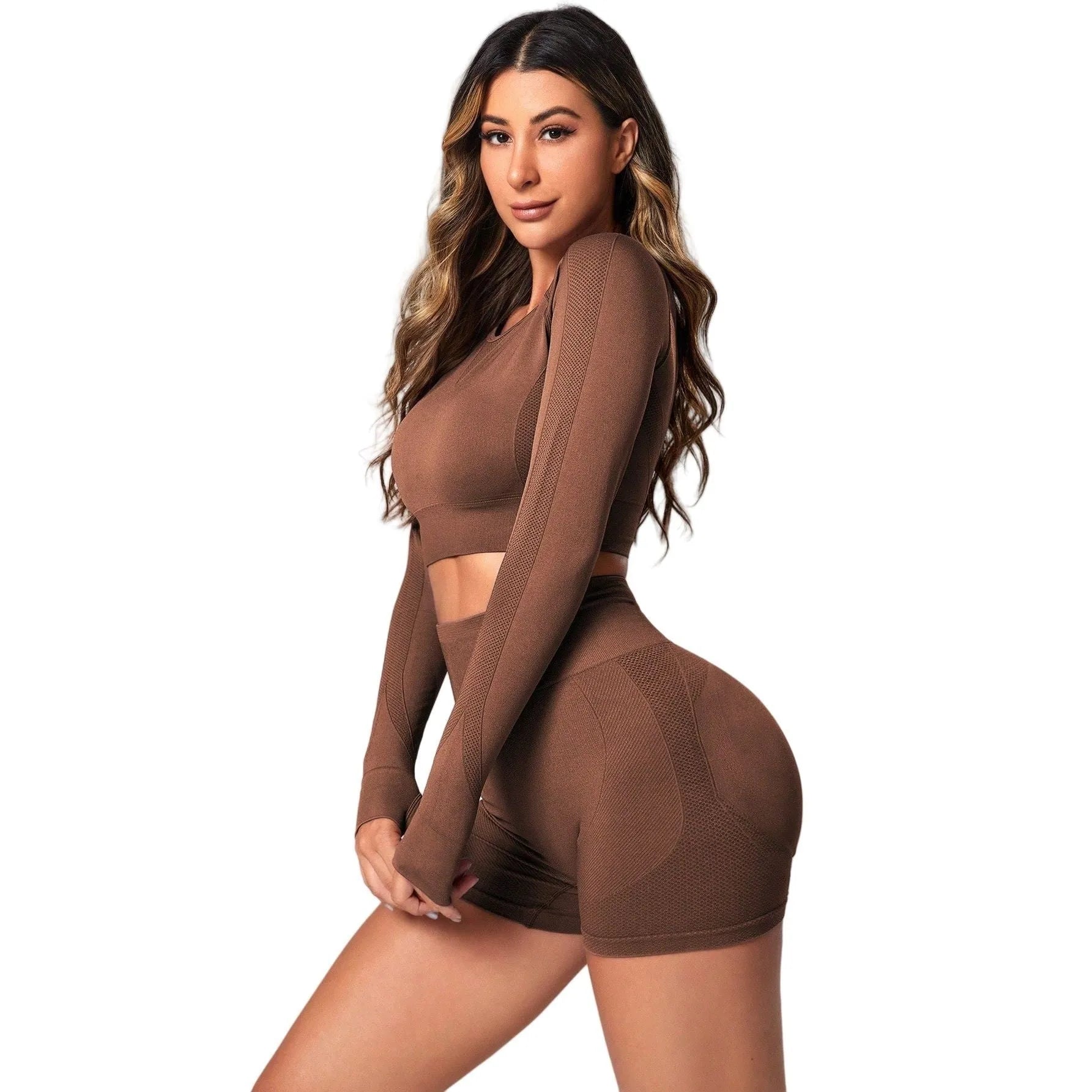 Women's black high waist yoga pants and long sleeve top set made from quick-dry fabric