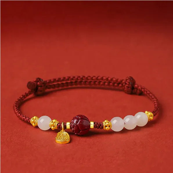 925 silver women's bracelet with Hetian jade and cinnabar red rope on adjustable chain