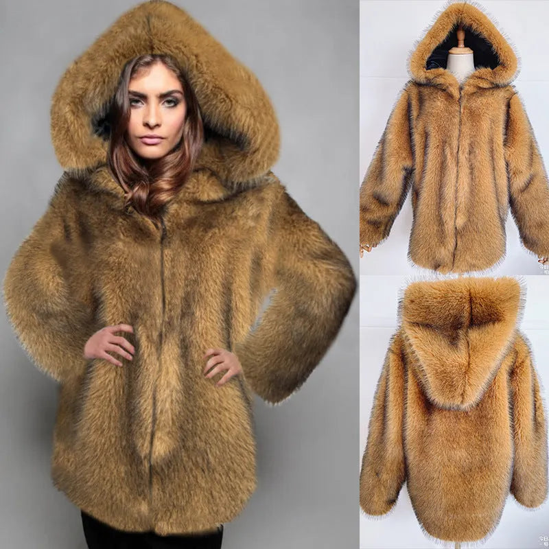 Silver grey artificial fur coat with regular sleeves showing loose fit mid-length design
