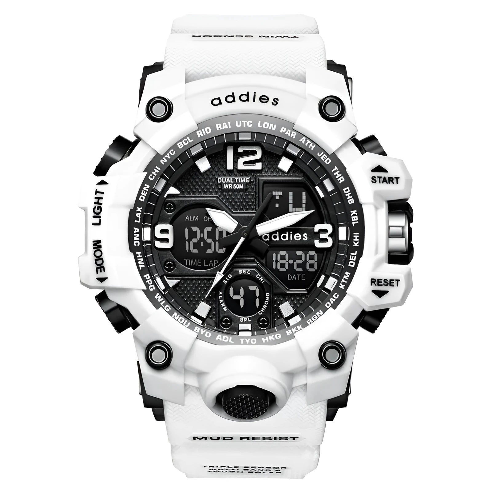 Men's electronic sports watch with dual analogue and digital display on plastic strap