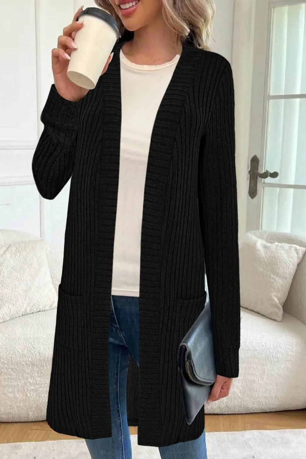Long sleeve loose fit knitted cardigan jacket with pockets in polyester fabric