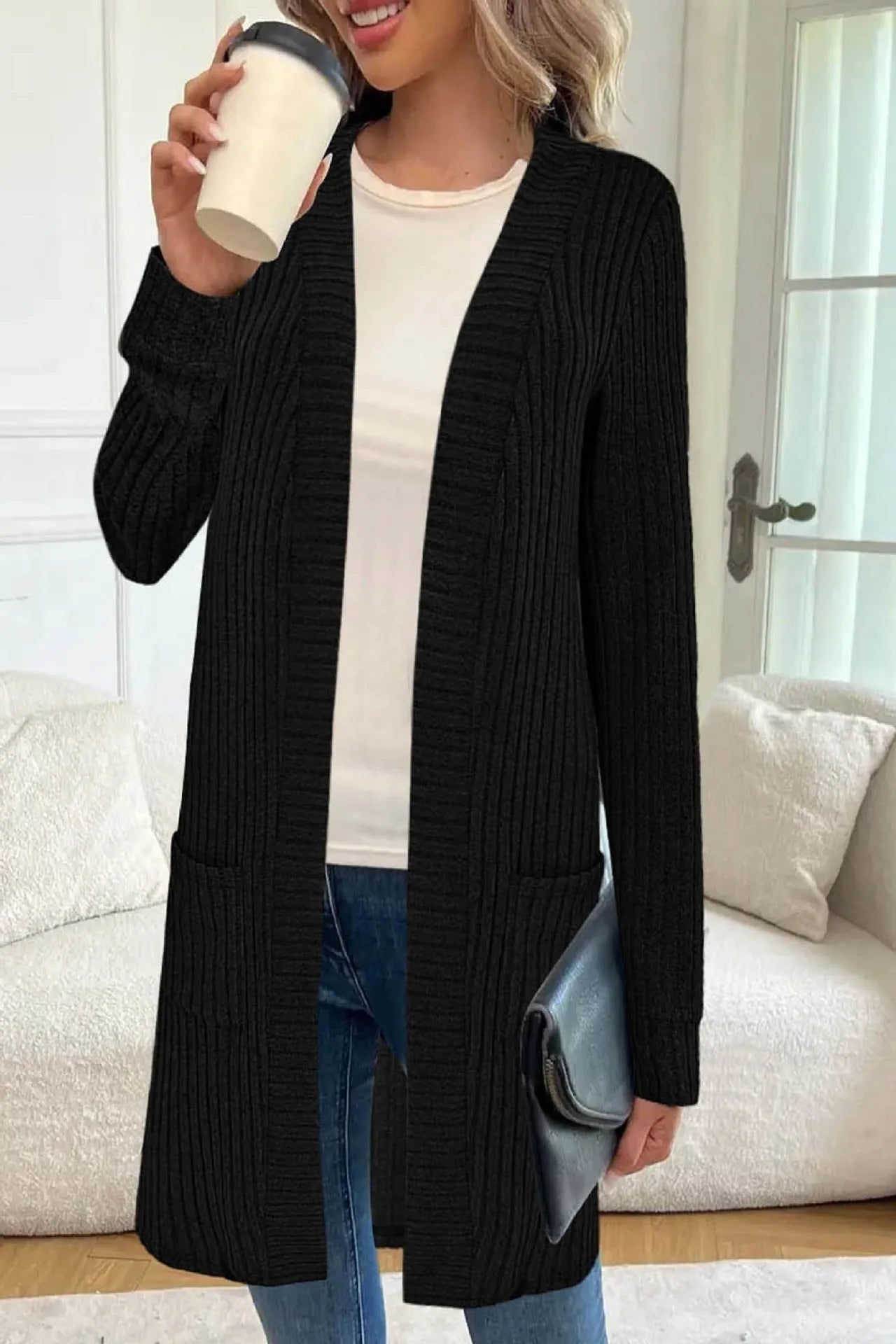 Long sleeve loose fit knitted cardigan jacket with pockets in polyester fabric