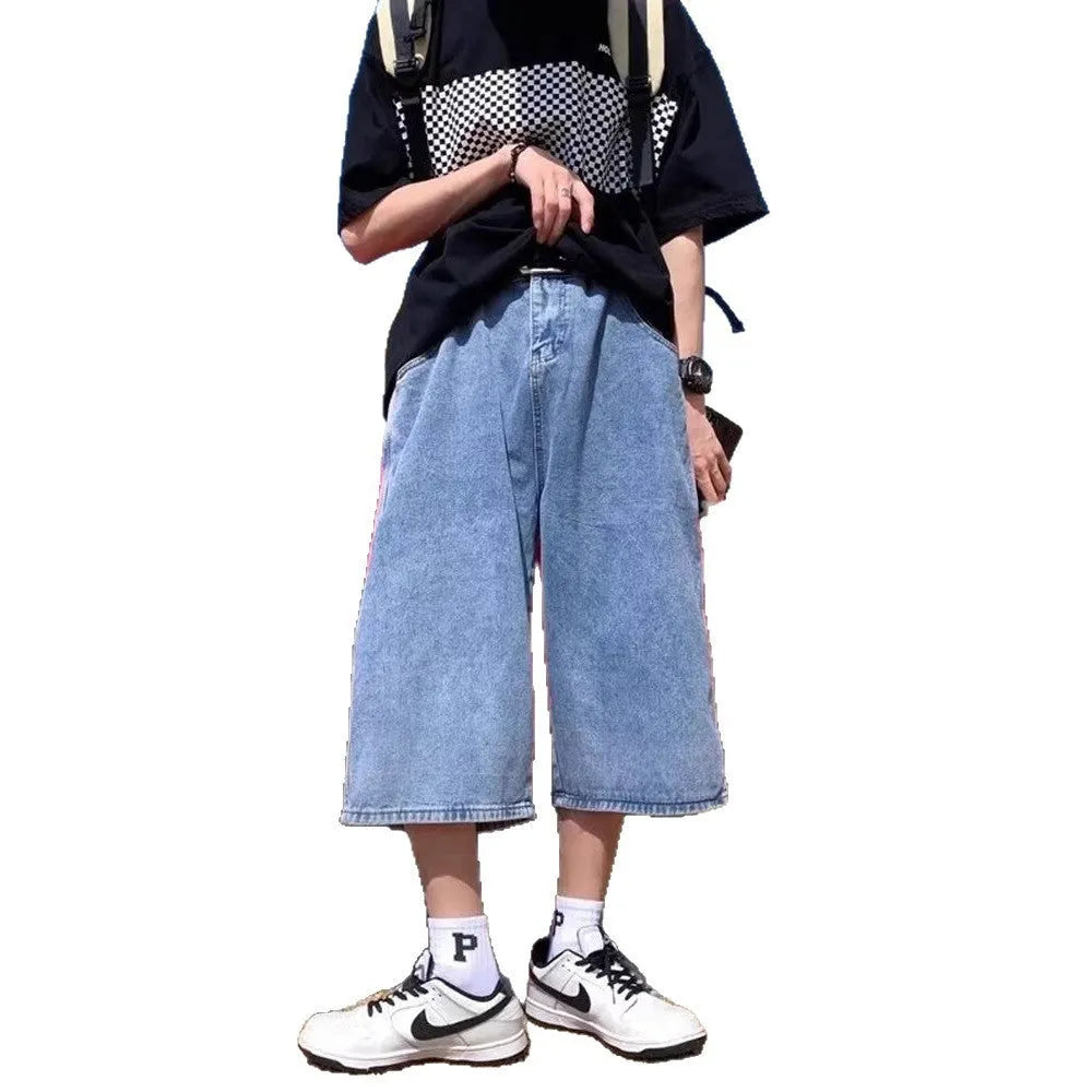 Men's blue washed denim pirate shorts with high waist and cropped length