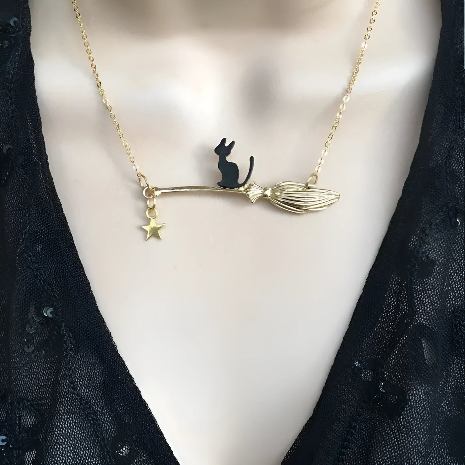Black cat Halloween pendant necklace in alloy with zodiac styling and gold or silver finish options