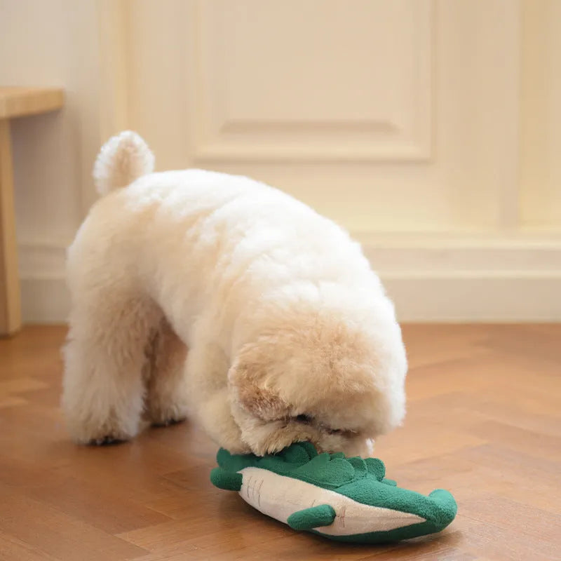 Green plush toy dog interactive pet toy measuring 35cm by 18cm