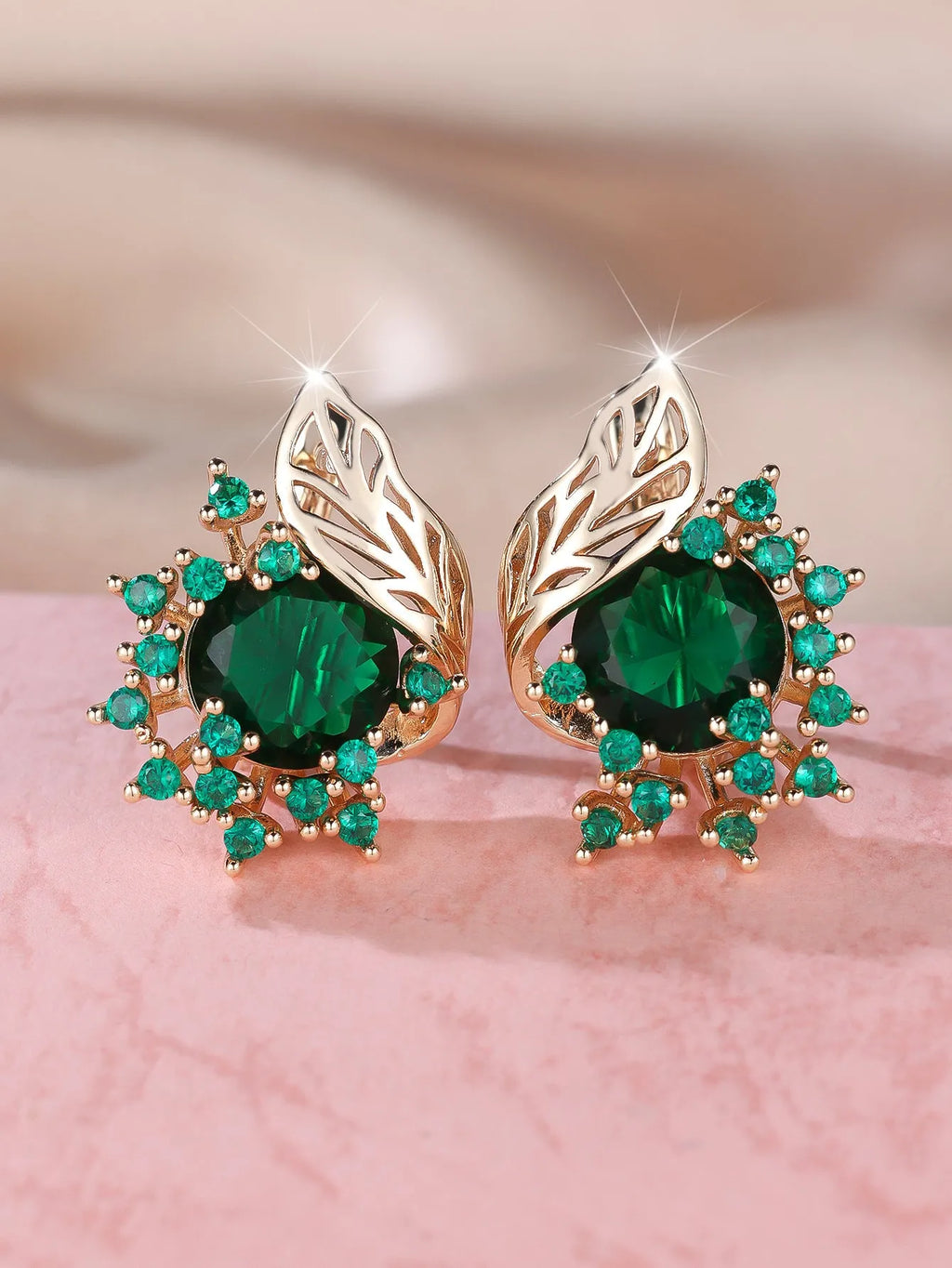 Round floral feather earrings in rose gold colour with crystal zircon stones, shown in six colour variations