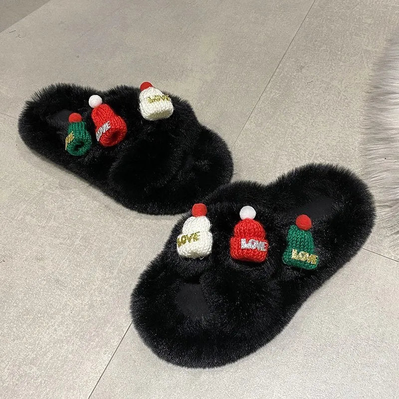 Women's Christmas hat design faux plush slippers with hairy texture and rubber sole.