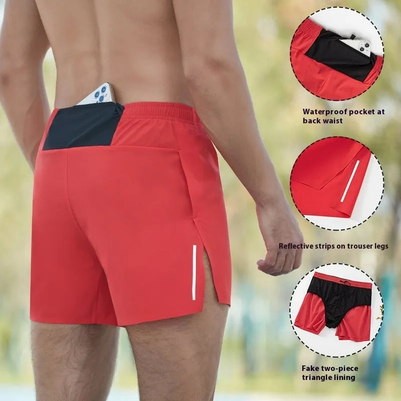 Men's red off-road running shorts with high-waist loose fit for trail running