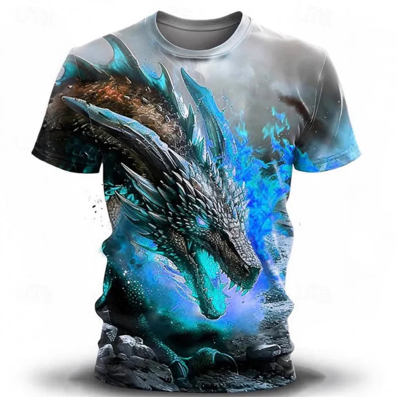 Man wearing a grey t-shirt with a large blue and white 3D wind dragon graphic print on the front.