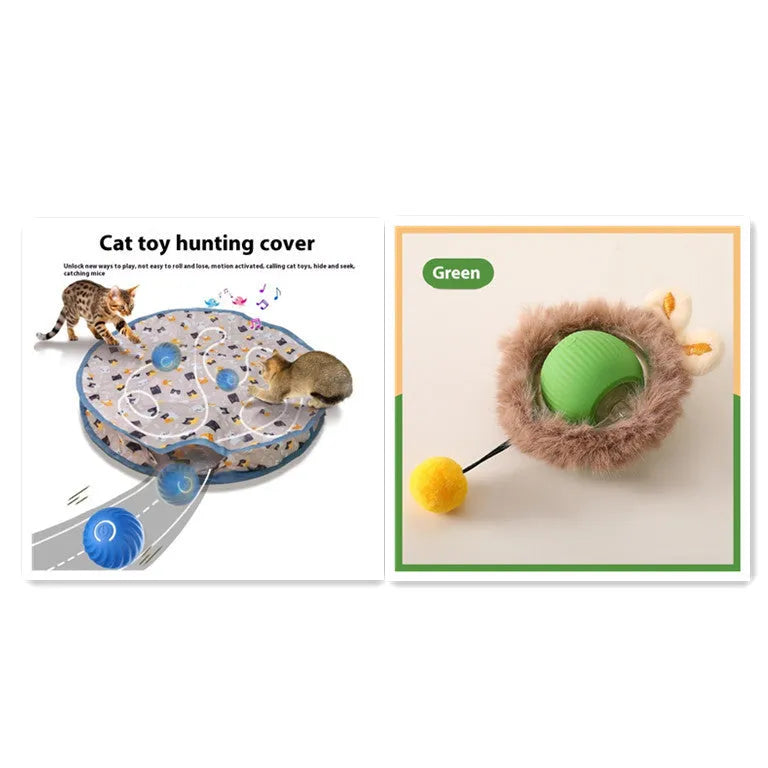 Silicone rolling ball cat toy in red, green, or grey colours, some variants with an attached rope.