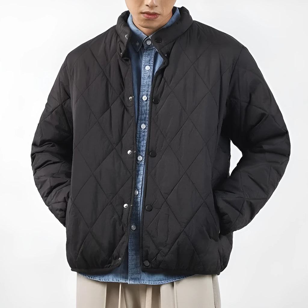 Men's black diamond lattice quilted winter jacket with a lengthened 100cm fit.