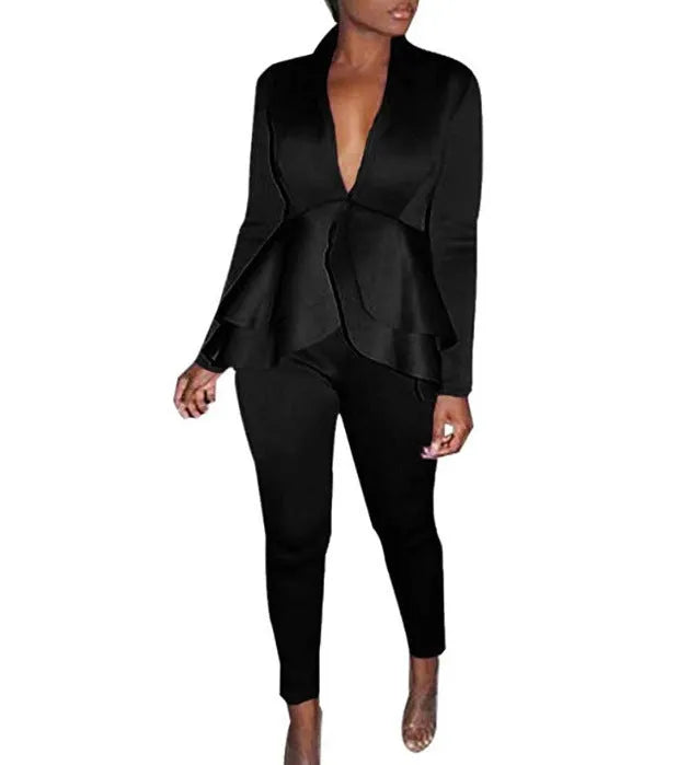 Ruffled air layer business shirt and pencil pants uniform set in multiple colour options