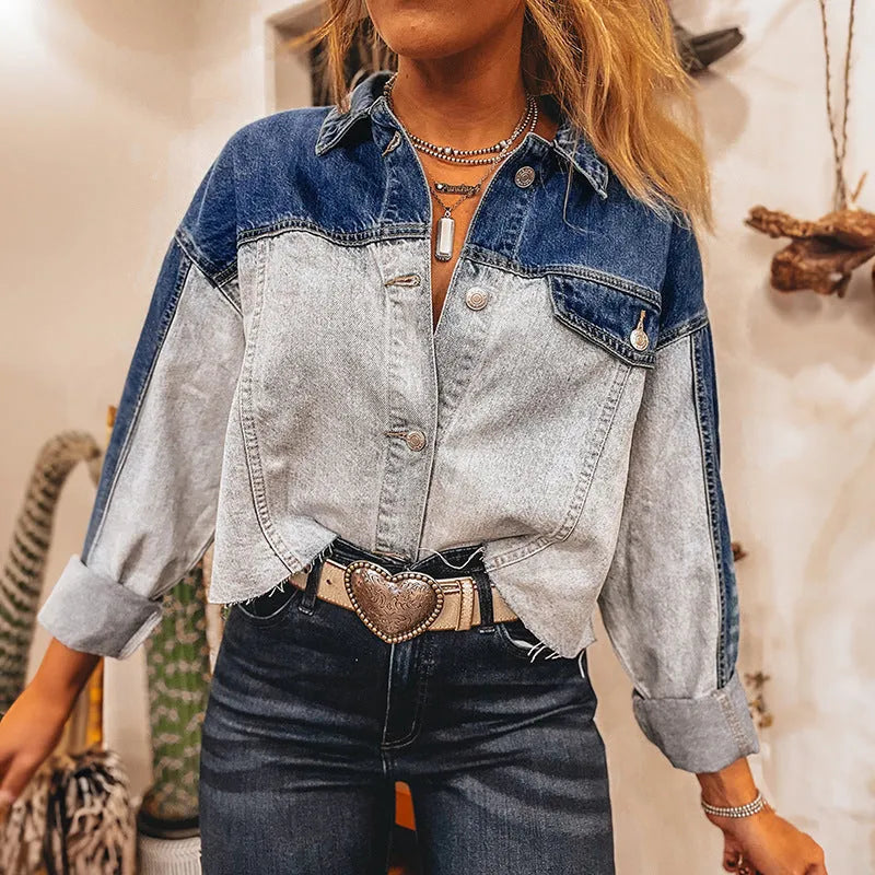 Women's loose-fit denim coat with single row multi-buckle fastening in cotton fabric